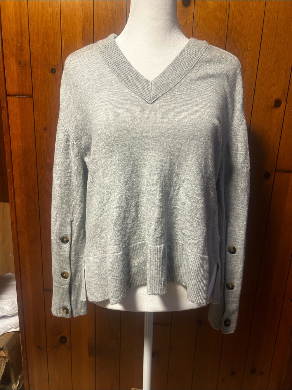 Nordstrom Light Gray V-Neck Merino Wool Sweater with Button-Sleeve Detail